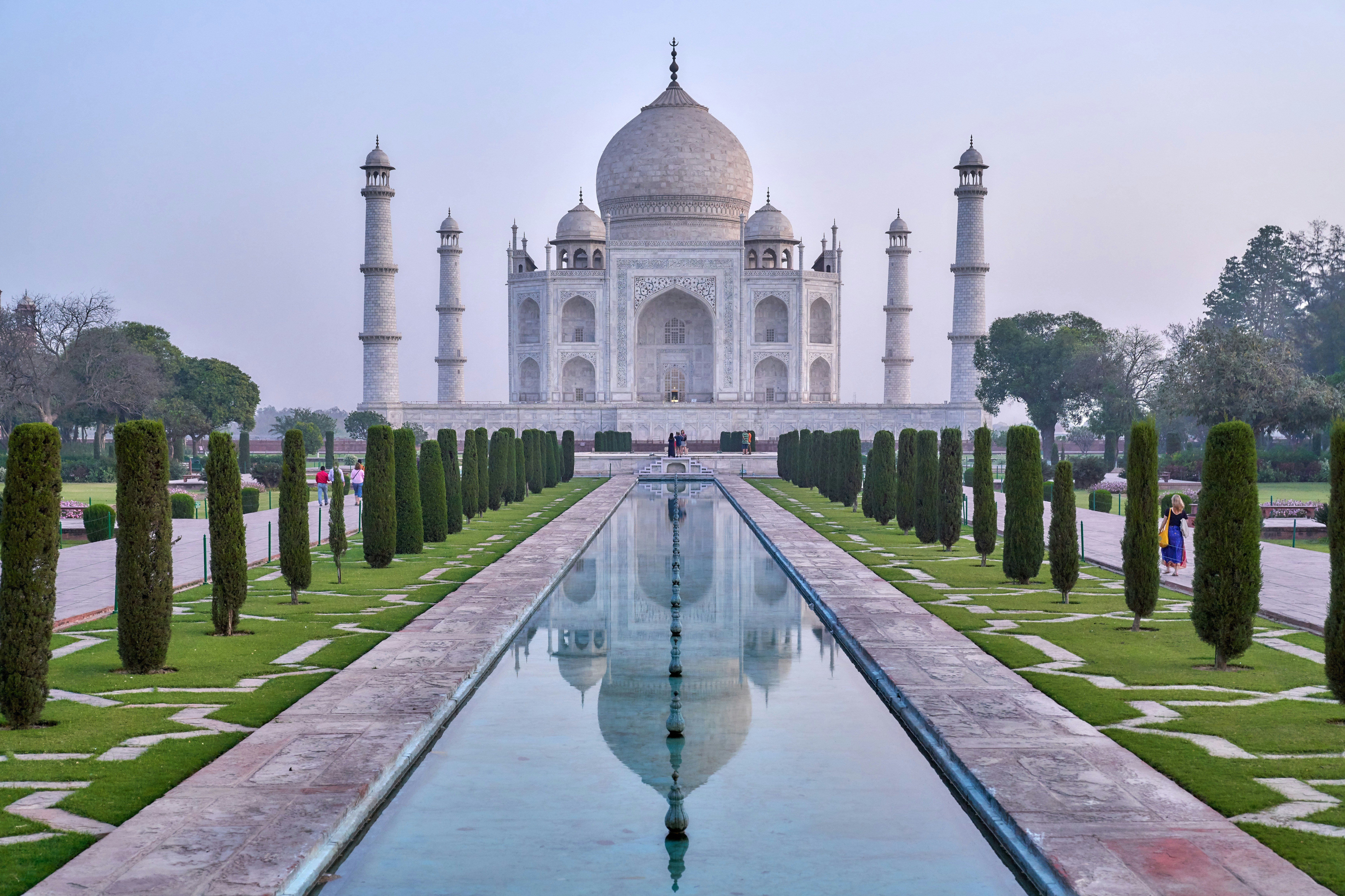 The Taj Mahal reflected in its long pool in Agra, India