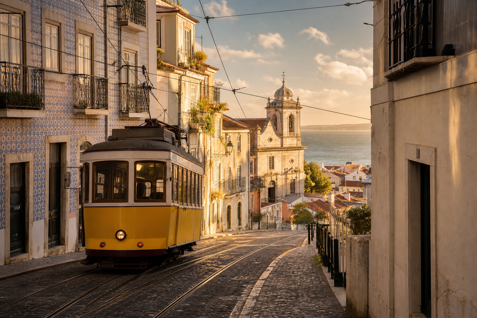 Yellow tram passing tiled buildings in Lisbon, Portugal
