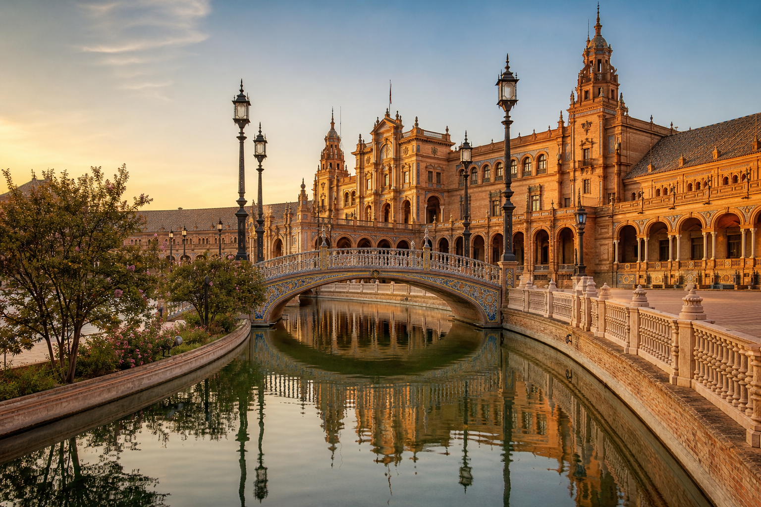 Plaza de España and canal at golden hour in Seville, Spain